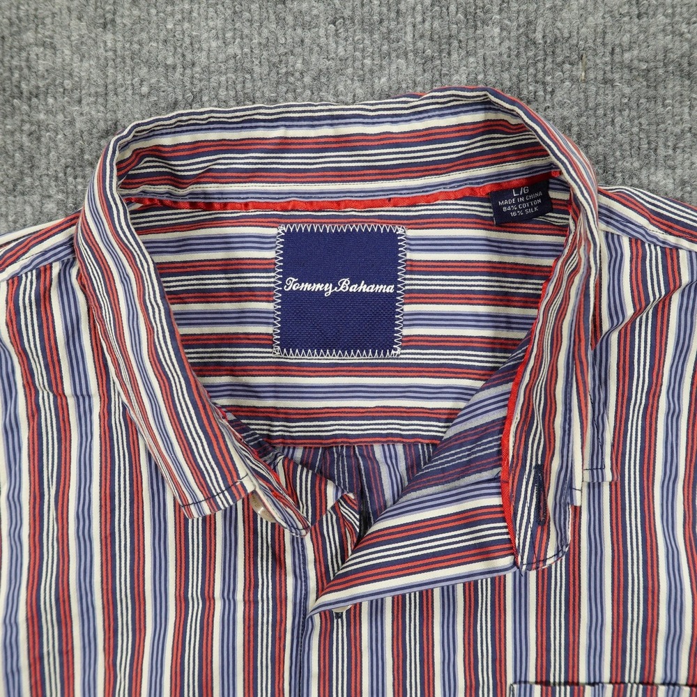 Tommy Bahama Shirt Mens Large Red White Blue Stripe Cotton Silk Long Sleeve - Picture 3 of 9